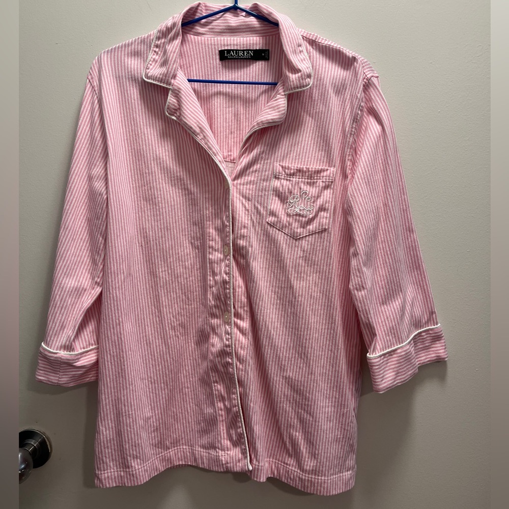 Lauren Ralph Lauren Pink Striped Casual Pajama 100% cotton Shirt EUC